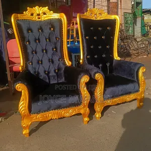 2 Queen Chairs, Pedicure or King Chairs, Gold Frame and Black Fabric.