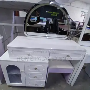 Vanity Table: High Capacity White Vanity Desk With Moon Shaped Mirror