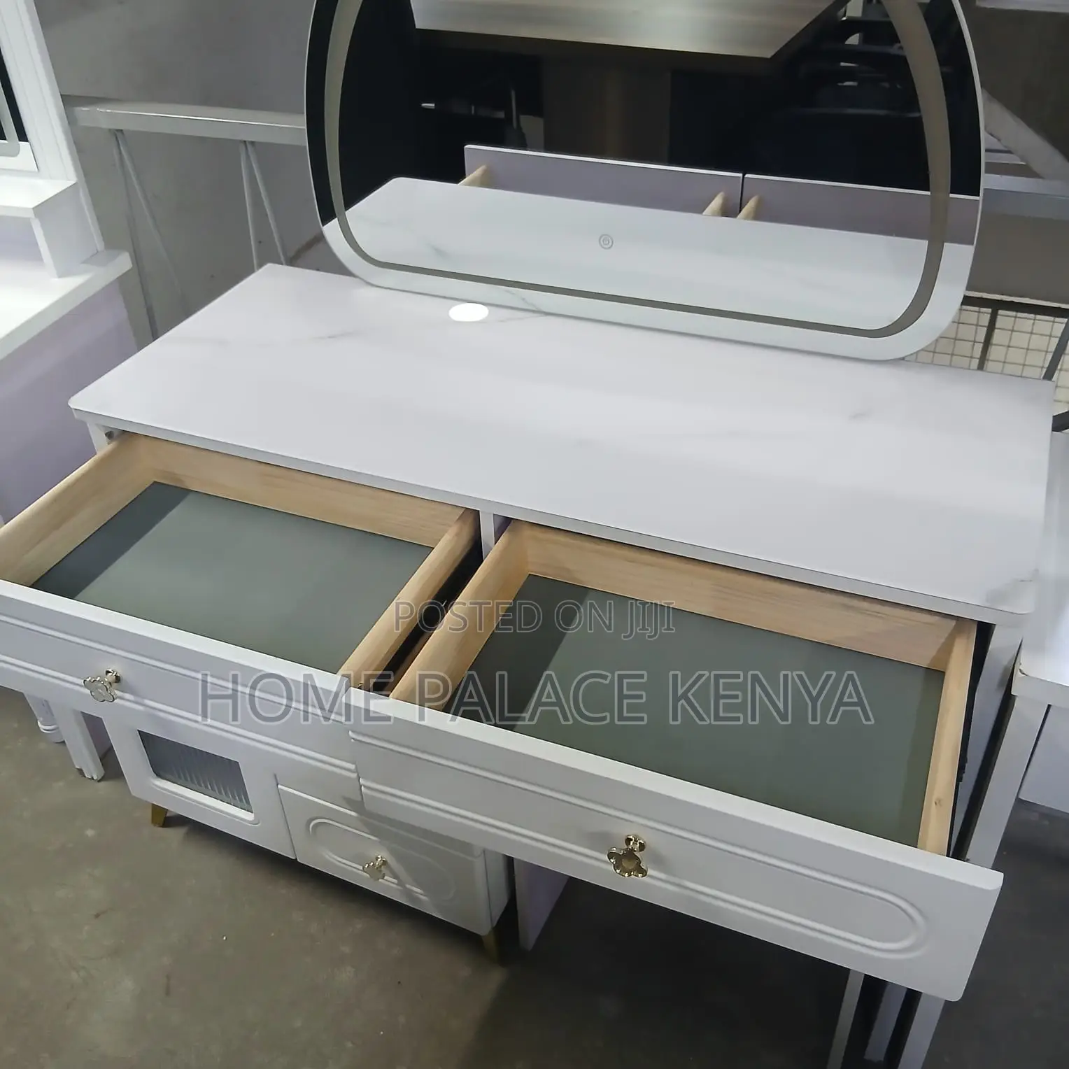 Vanity Table: High Capacity White Vanity Desk With Moon Shaped Mirror