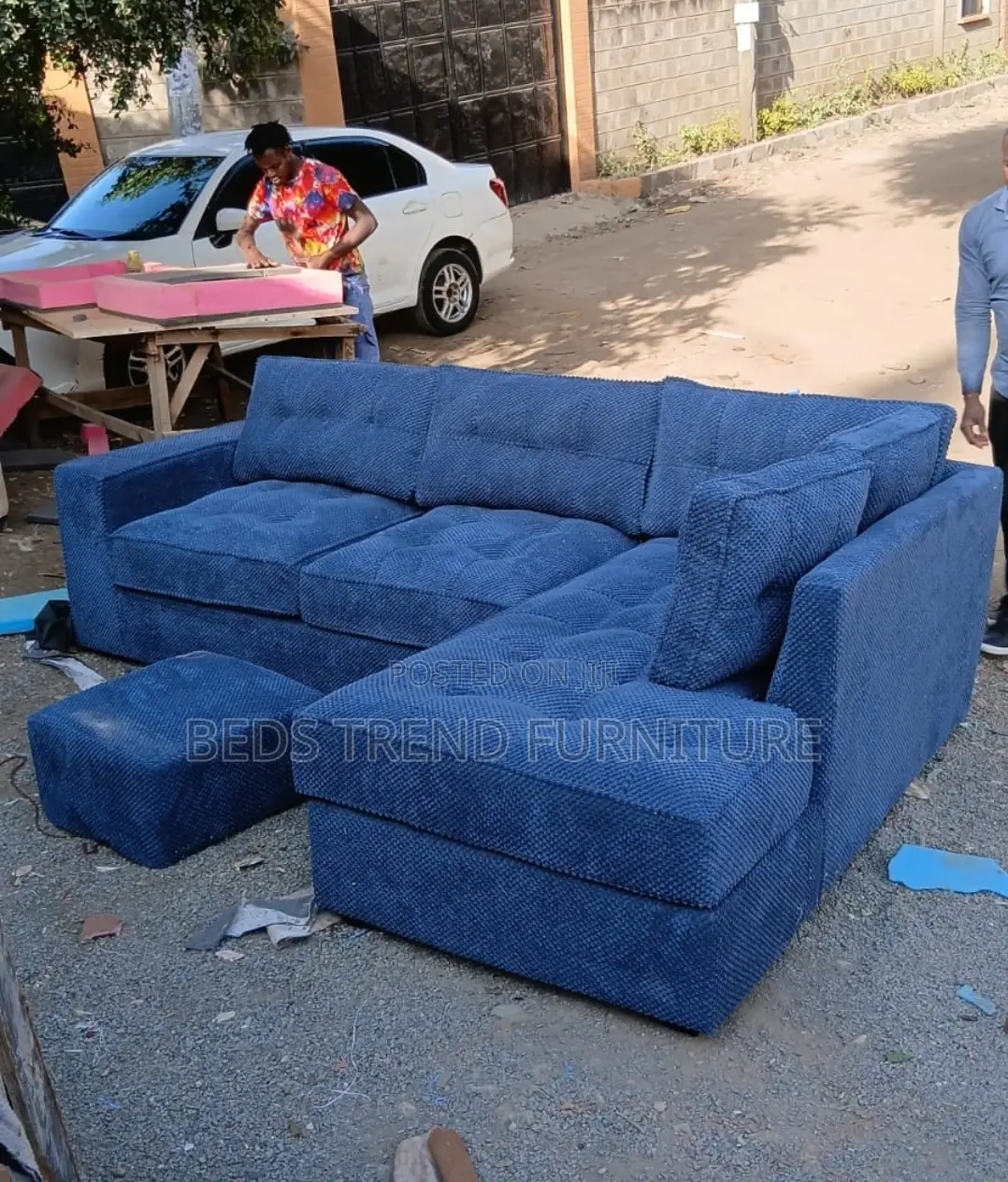 6 Seater Blue L Seat Tufted Sofa With Footrest