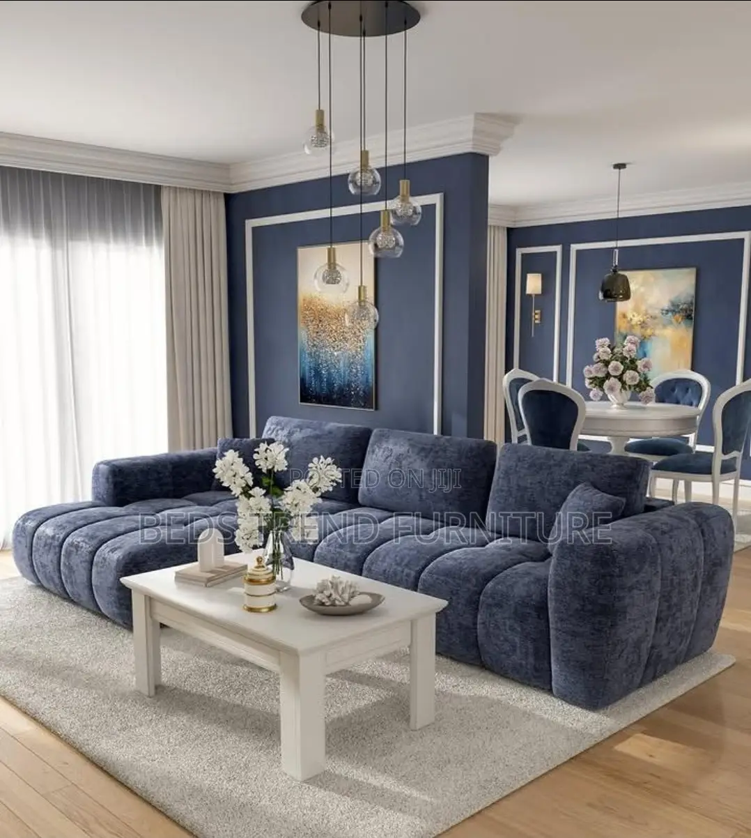 6 Seater L Seat Bubble Design – Navy Blue With Cushions