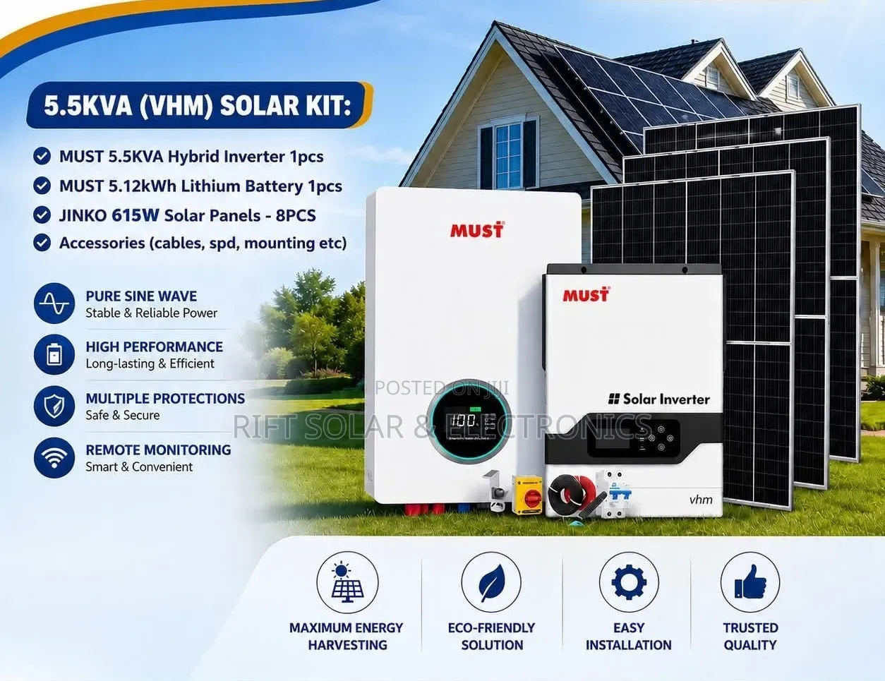 Must 5.5kva Inverter - 5.12kwh Lithium Battery - (8)615w Solar Package