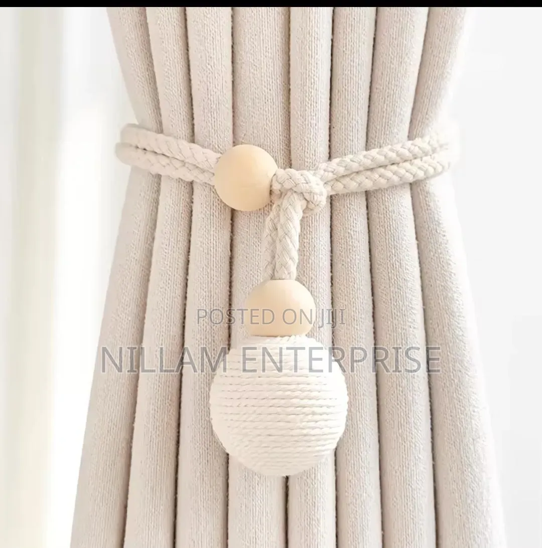 Curtain Tieback With Natural Wood Bead Knotted Ball (Pair)