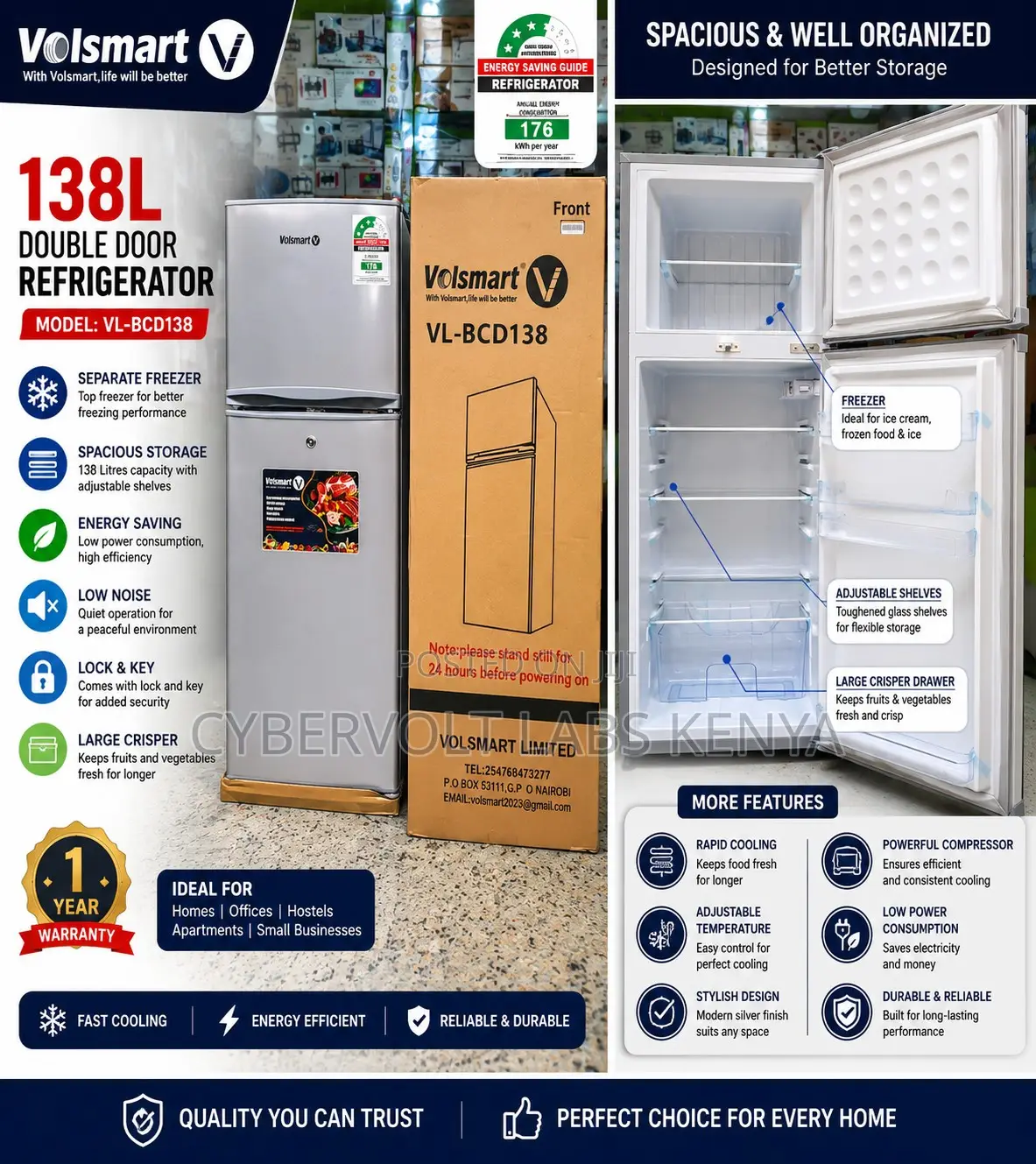Volsmart 138l Double Door Refrigerator – Silver