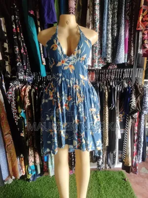 Blue Floral Halter V-neck Fit And Flare Dress