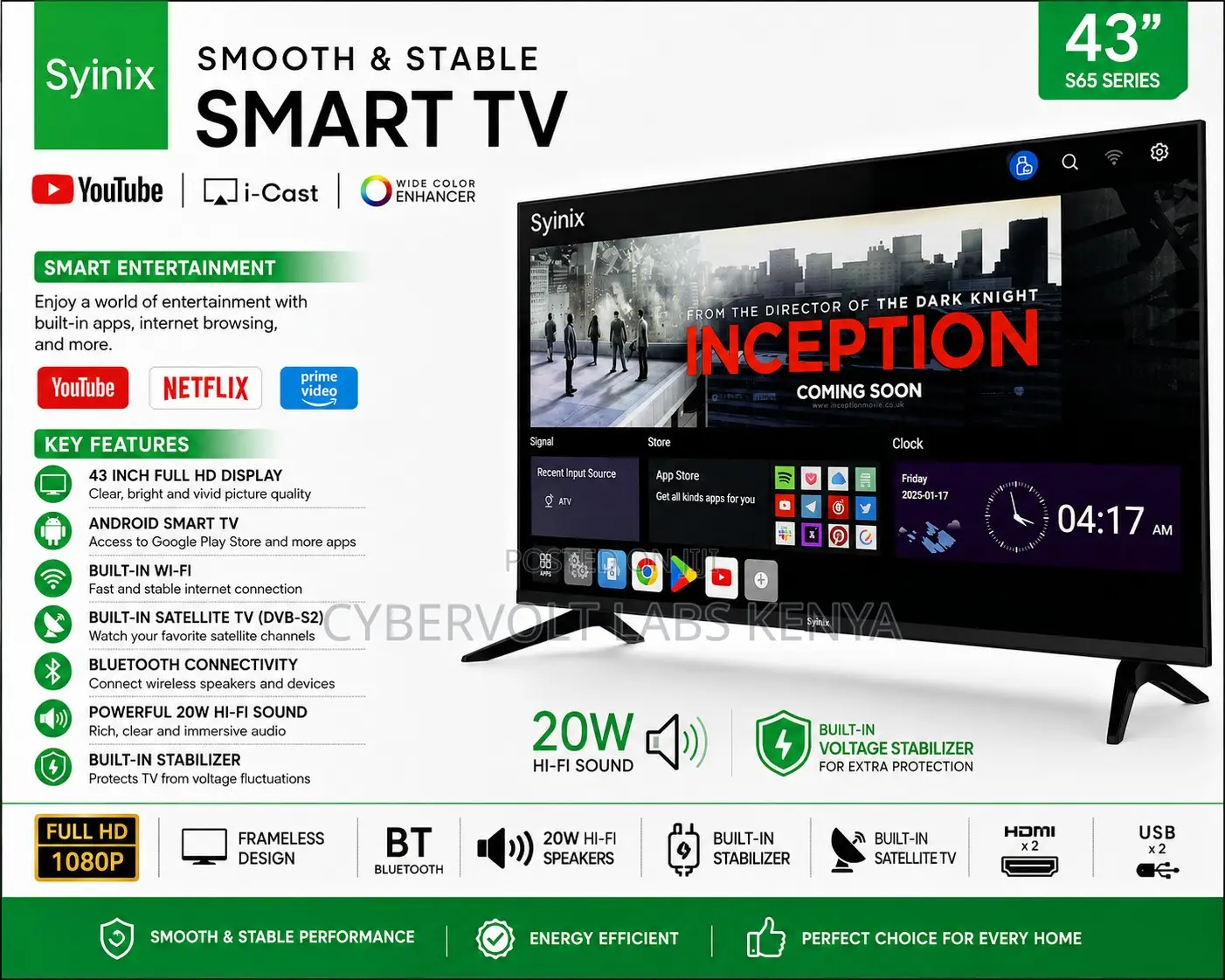 Syinix 43" Smart Android Tv –Frameless Full Hd With Built-in Satellite