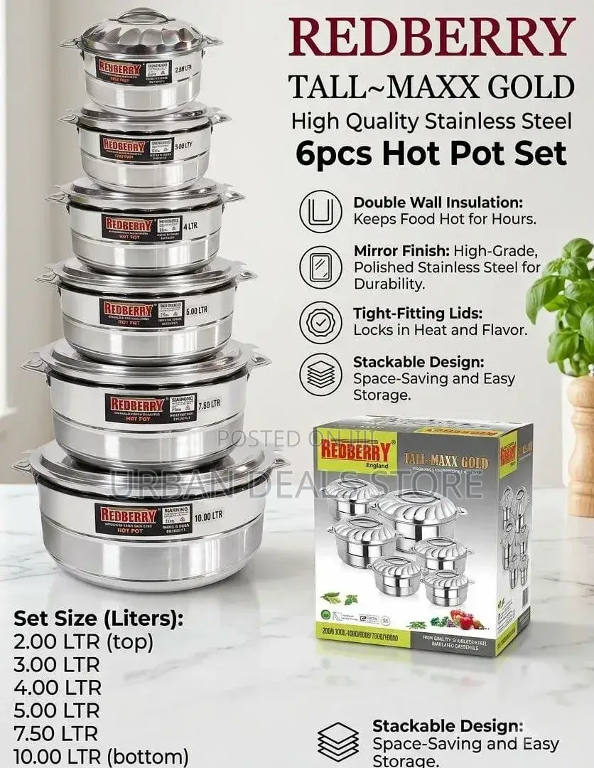 Redberrypremium Range Stainless Steel Insulated Hotpot Heavy Duty 6pc