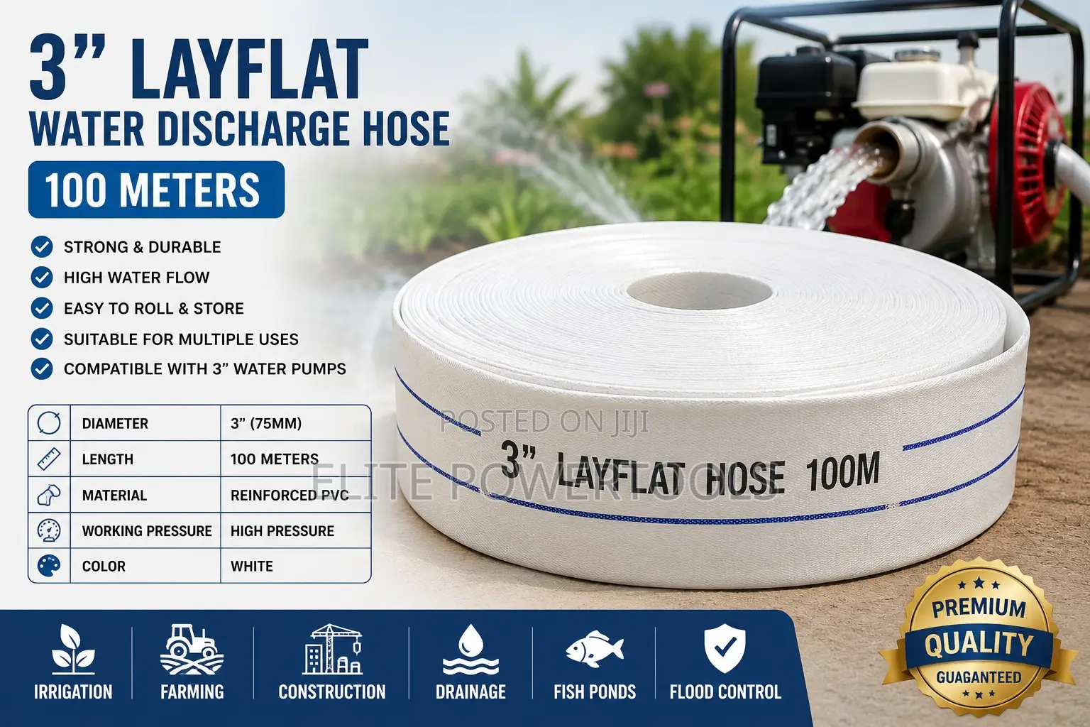 100m 3" PVC Layflat Hose for Water Pump Irrigation