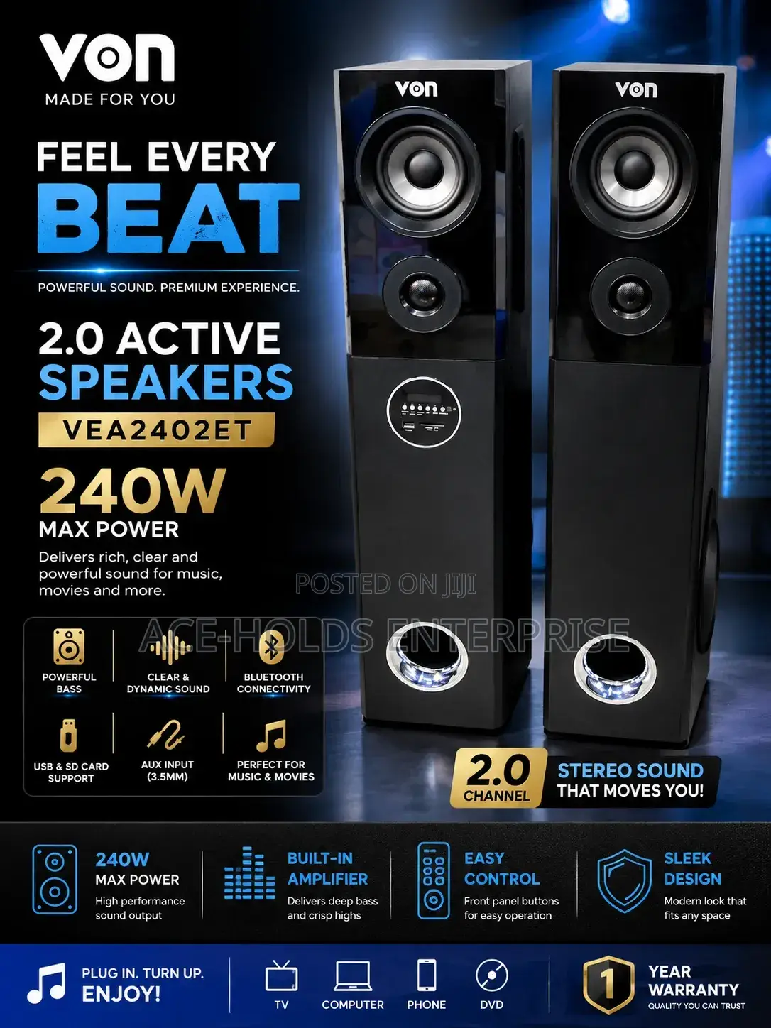 Von 2.0 Active Speakers (Vea2402et) 240 Watts - Bt Connectivity