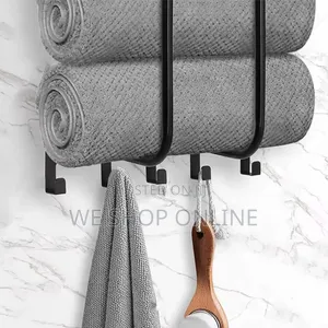Bathroom Towel Holder With Metal Shelf and 5 Hooks