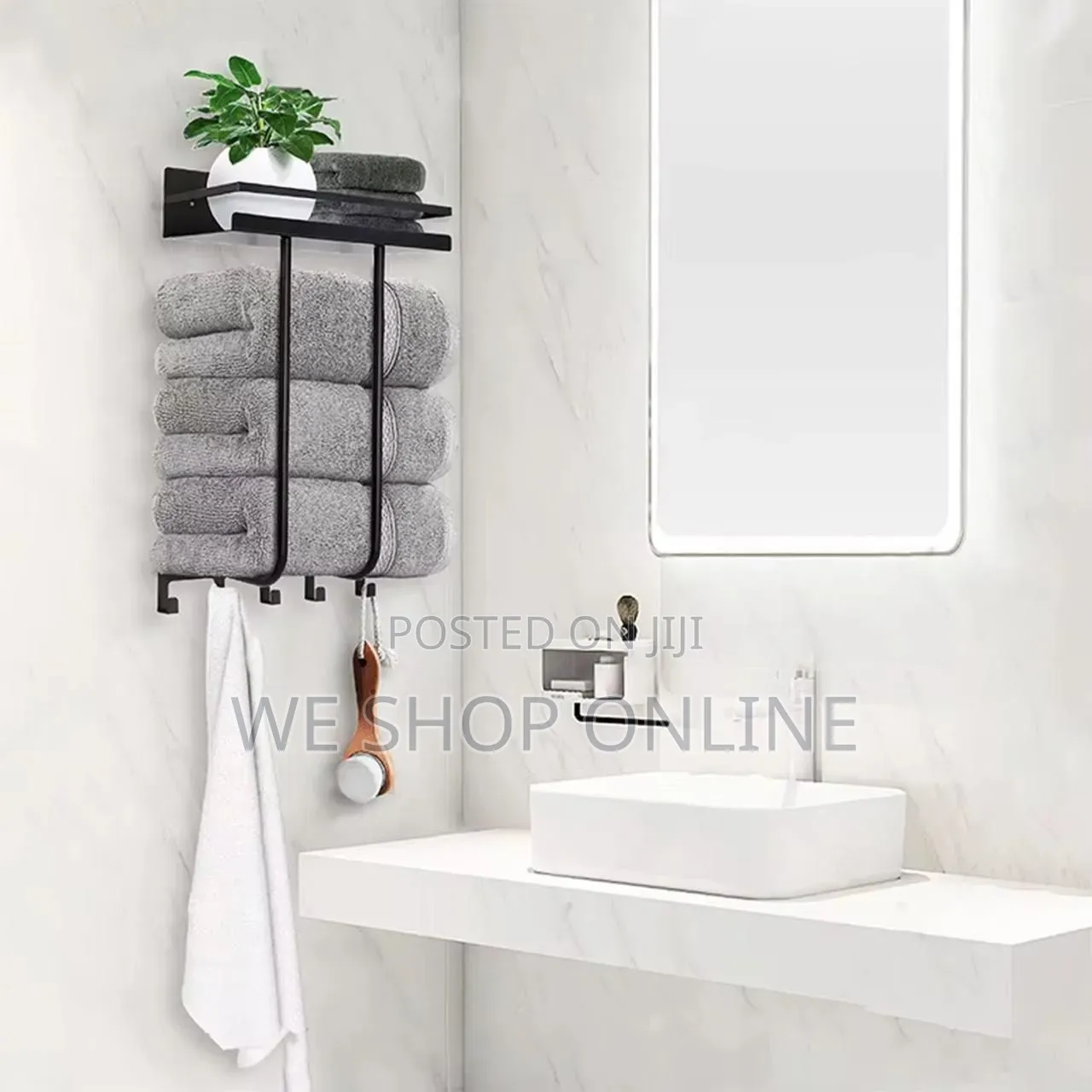 Bathroom Towel Holder With Metal Shelf and 5 Hooks