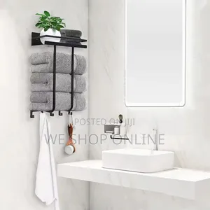 Bathroom Towel Holder With Metal Shelf and 5 Hooks