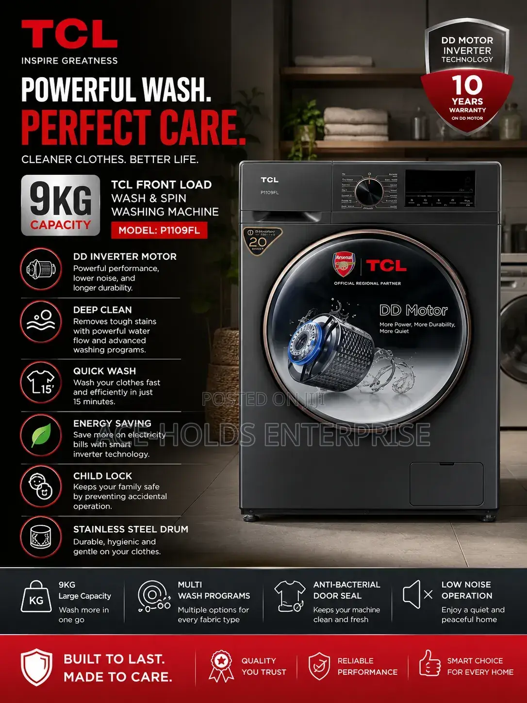 TCL 9kg ( P1109fl) Front Load Wash and Spin Washing Machine
