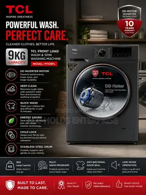 TCL 9kg ( P1109fl) Front Load Wash and Spin Washing Machine