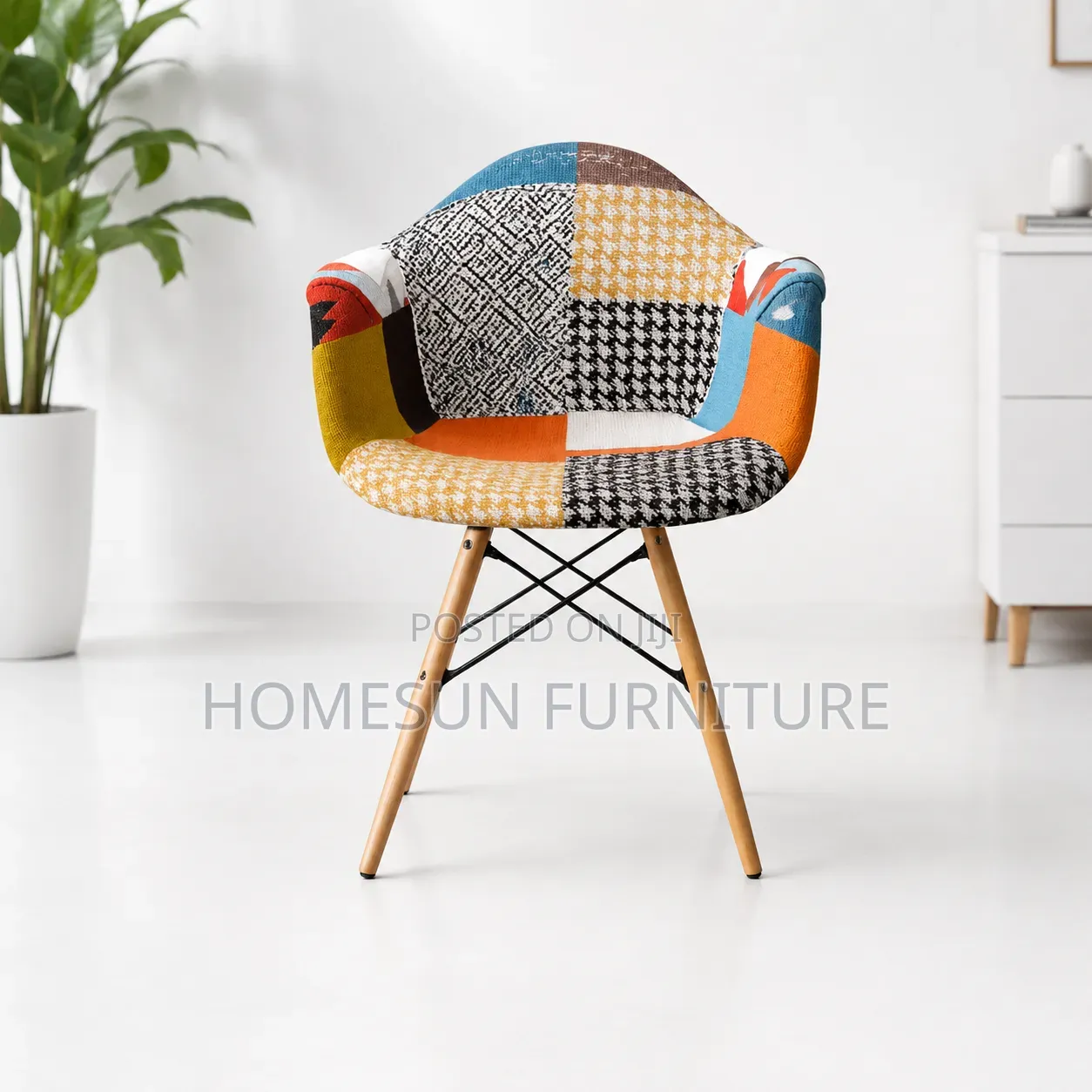 Modern Patchwork Accent Chair | Fabric Lounge Chair With Wooden Legs