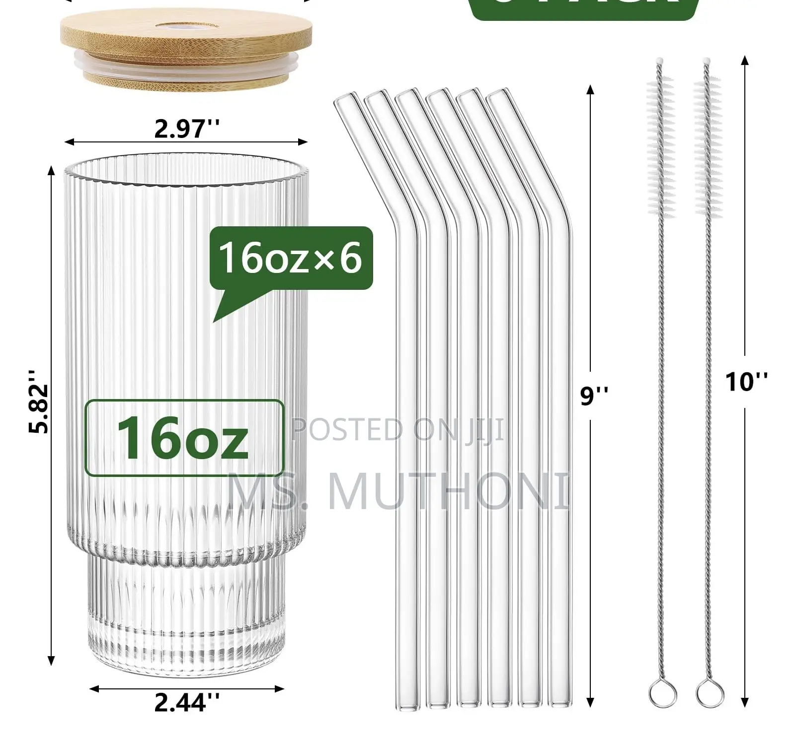 4 PCS Ribned Juice Glasses With Bamboo Lid Straws