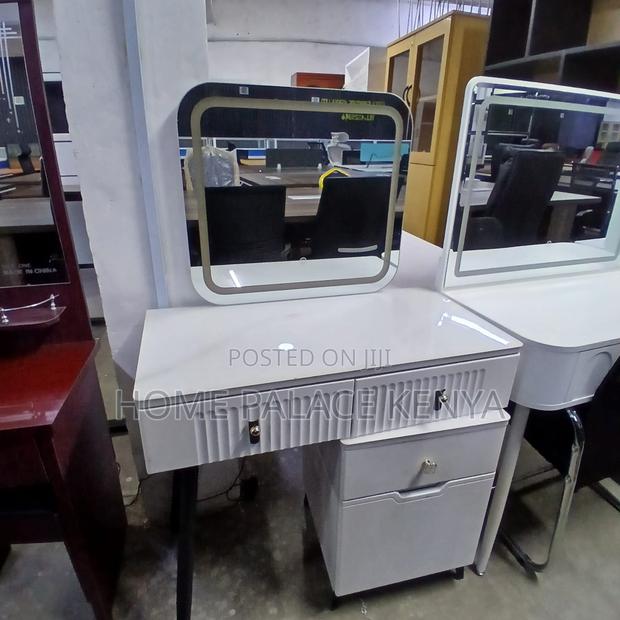 Dressing Table: White Vanity Desk With Red Interior and Marble Top - main view
