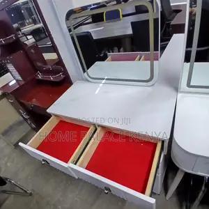 Dressing Table: White Vanity Desk With Red Interior and Marble Top