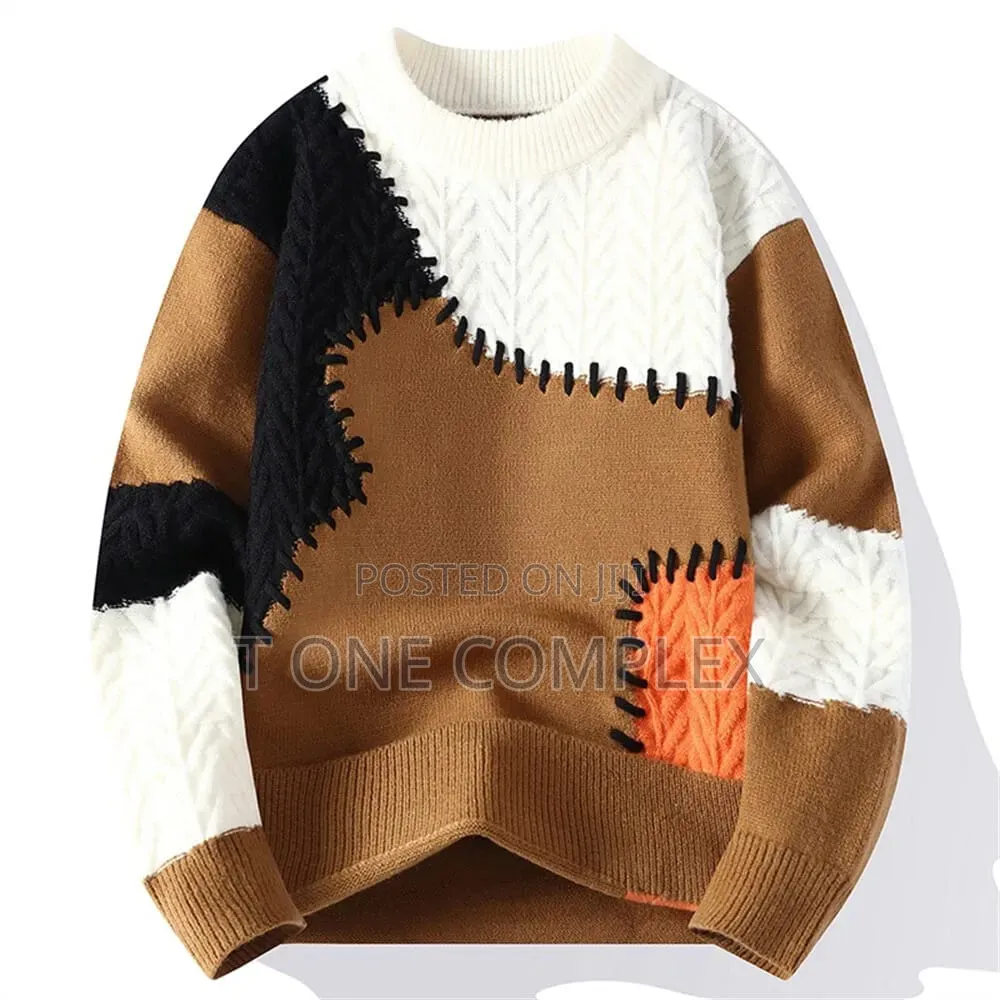 Quality Patchwork Knitted Sweater Brown Green Red Brown Black