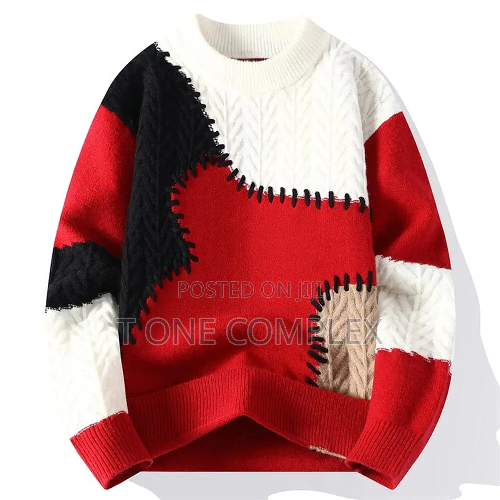 Quality Patchwork Knitted Sweater Brown Green Red Brown Black