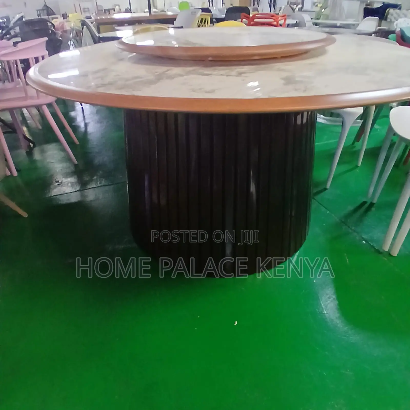 Dining Table; Profiled Edge Marble Table With Metal Pedestal