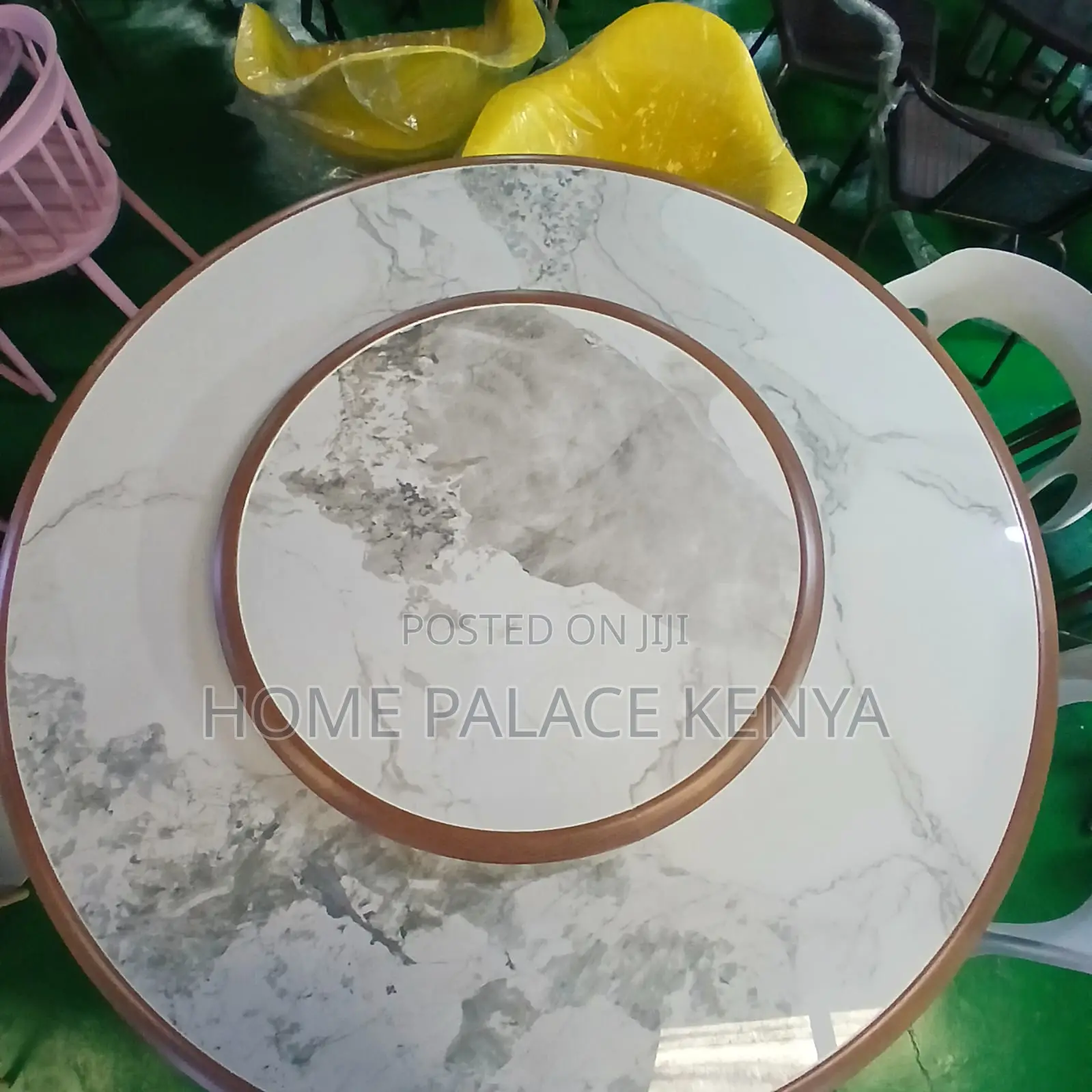 Dining Table; Profiled Edge Marble Table With Metal Pedestal
