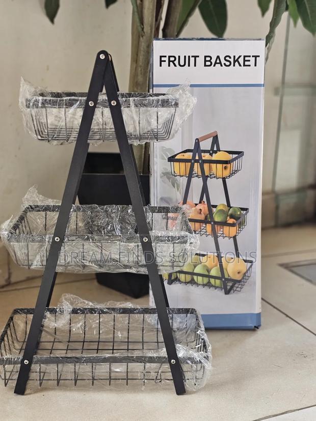 3-Tier Metallic Fruit Basket With Wooden Handle