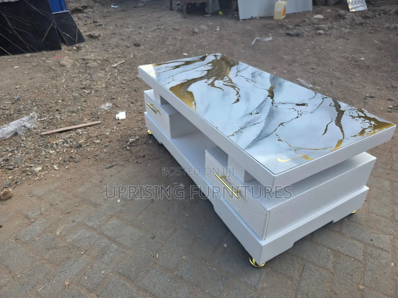 Coffee Table White Plain With Marble Top Gold