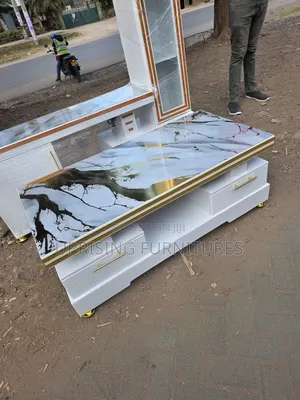 Modern Coffee Table White Double Drawers Marble Top Gold