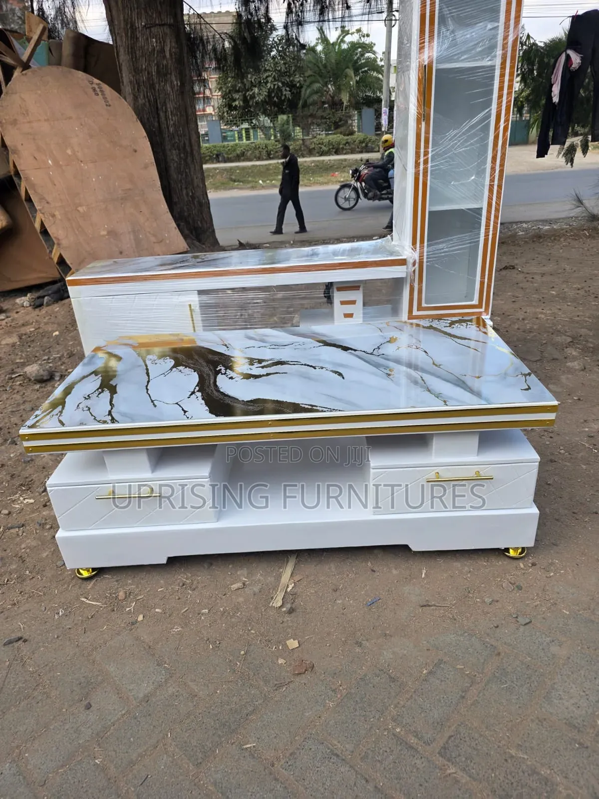 Modern Coffee Table White Double Drawers Marble Top Gold