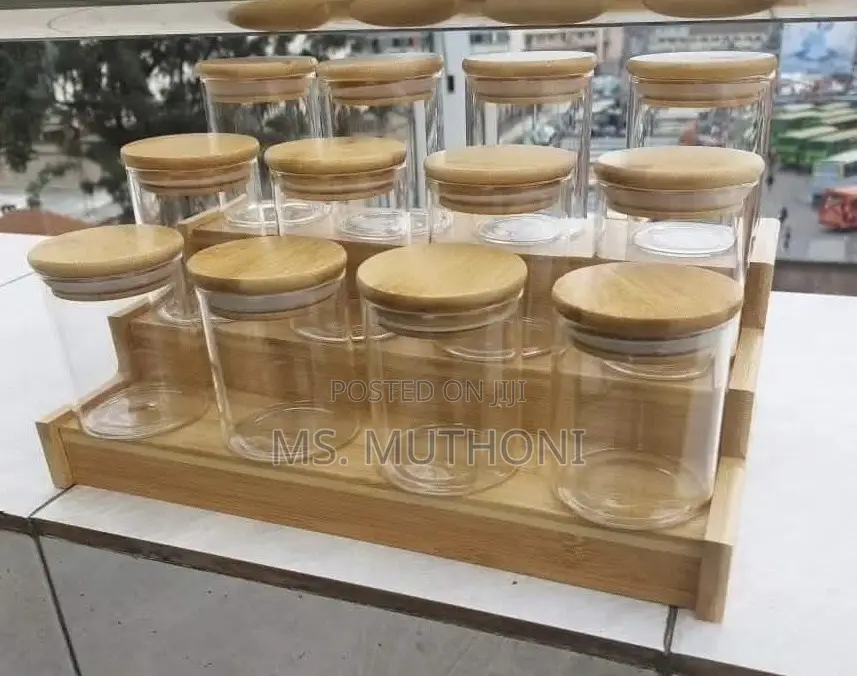 12pcs (200 Ml ) Glass Spice Jar Set With a Wooden Bamboo Stand