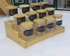 12pcs (200 Ml ) Glass Spice Jar Set With a Wooden Bamboo Stand