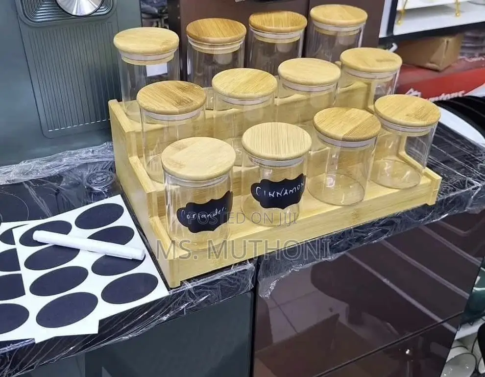12pcs (200 Ml ) Glass Spice Jar Set With a Wooden Bamboo Stand
