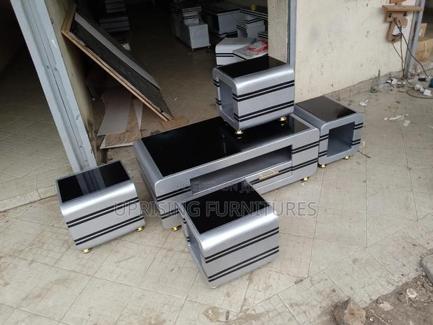 Modern Coffee Table Gray With It's Four Stools With Drawers