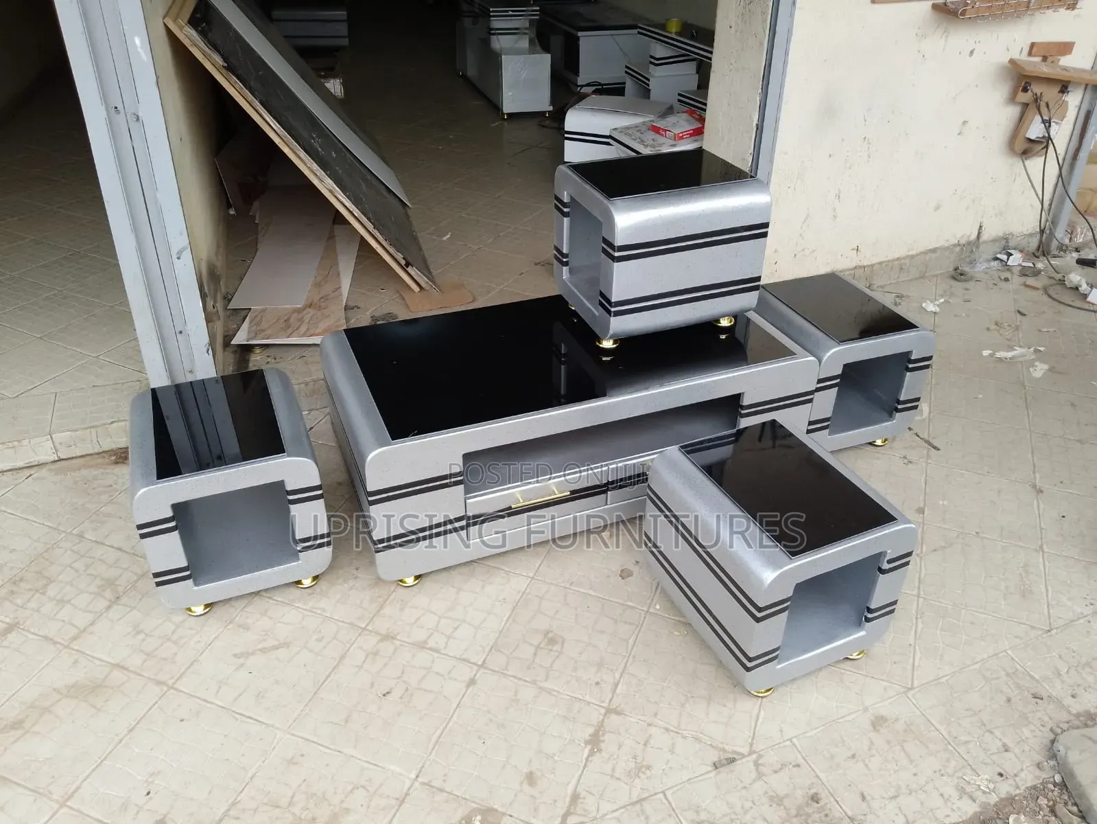 Modern Coffee Table Gray With It's Four Stools With Drawers