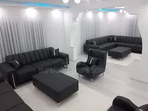 Black Fabric Tufted 7 Seater Sofa With Table: Free Delivery