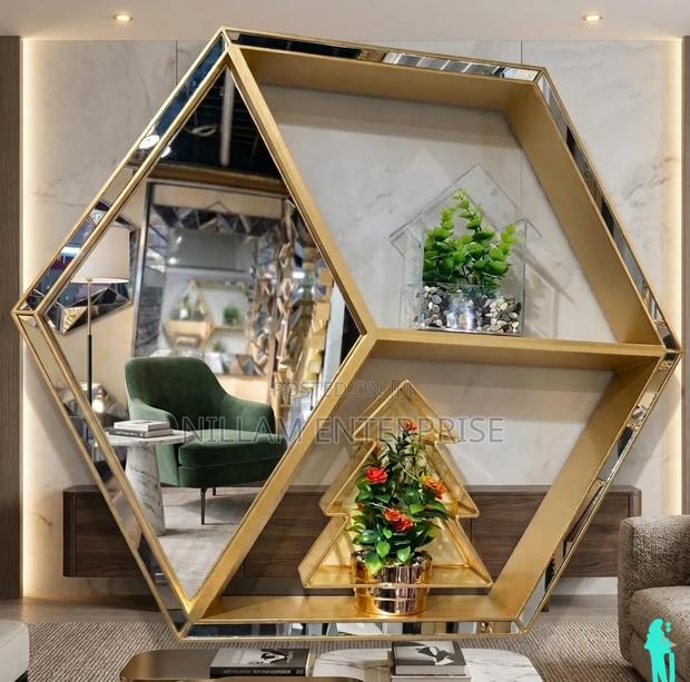 Luxury Gold Hexagon Wall Mirror With Display Shelves* - thumbnail 2