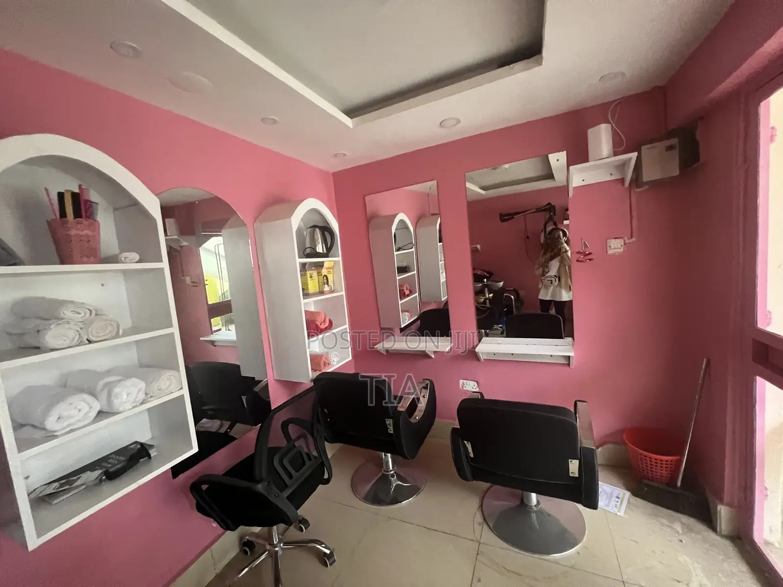 Salon Equipment, Including Lights, and Ring Ligh on the Ceiling.
