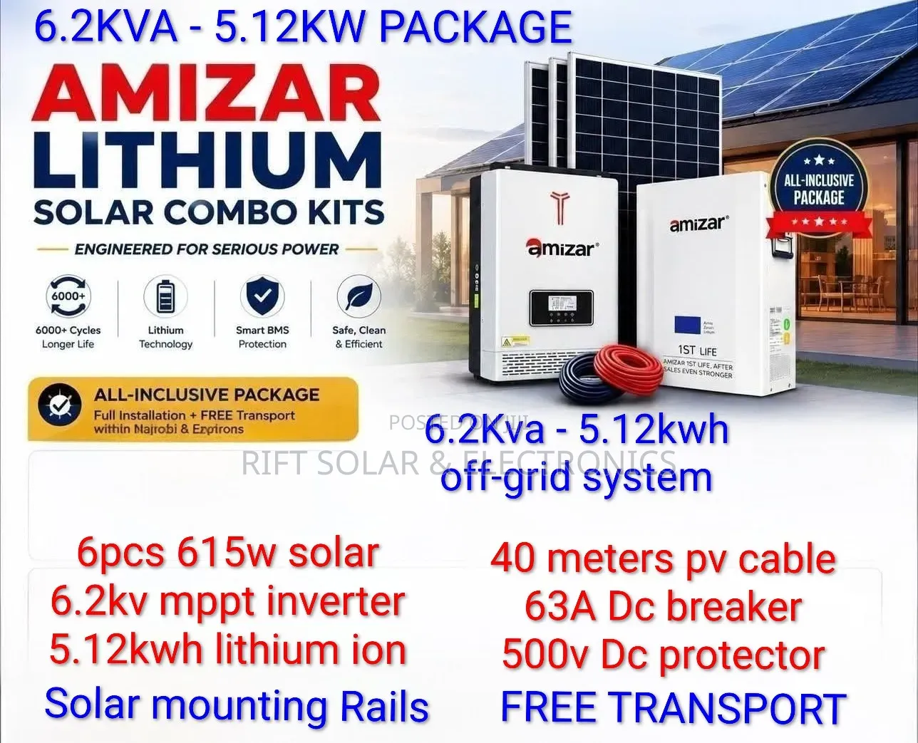 6.2kv - 5.12kw Lithium -(6)615w Solar Free Transport Installation