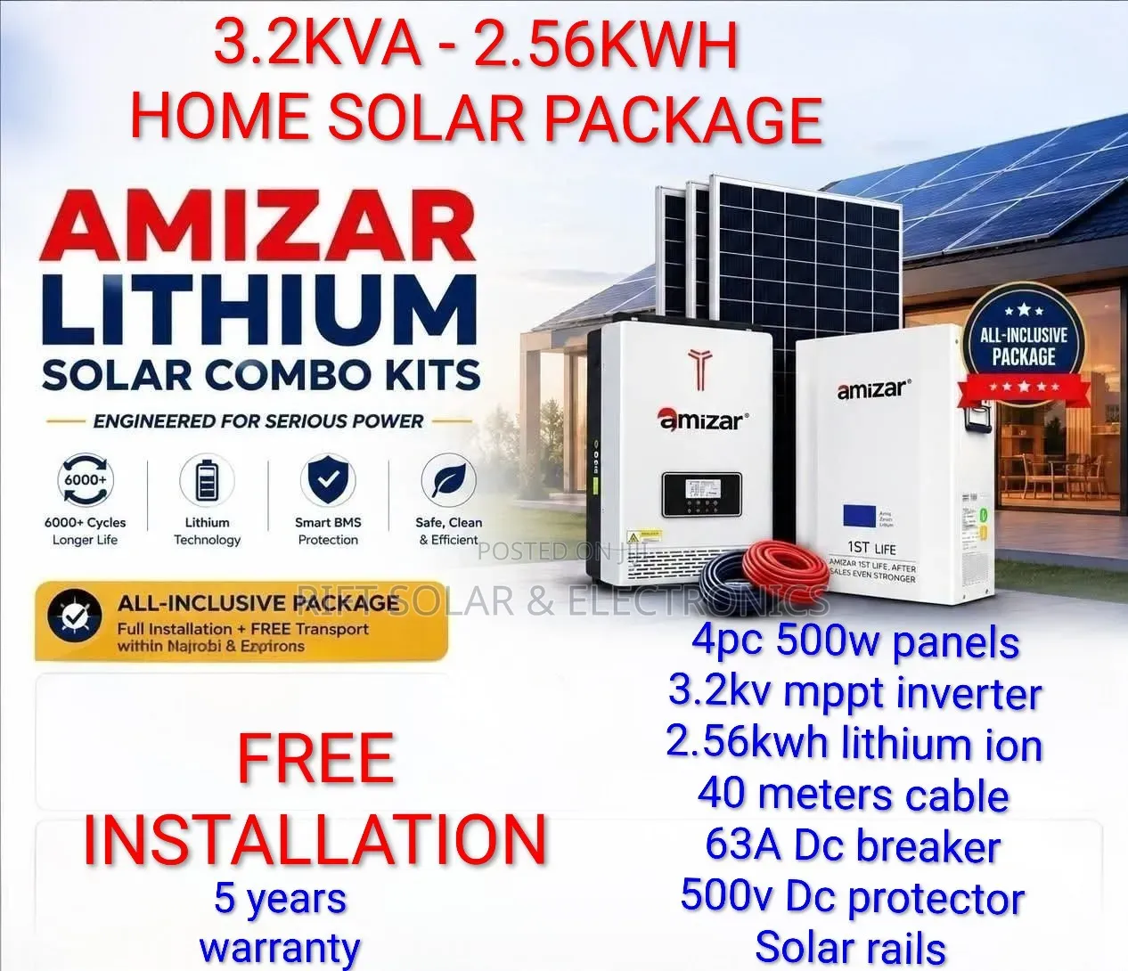 3.2kva - 2.56kw Lithium -(4)500w Solar -Free Transport Installation