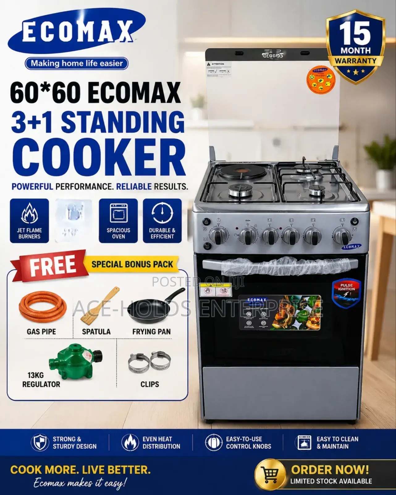 60*60 Ecomax 3 +1, Standing Gas Cooker - Free Gift Pack