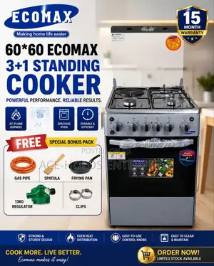 60*60 Ecomax 3 +1, Standing Gas Cooker - Free Gift Pack