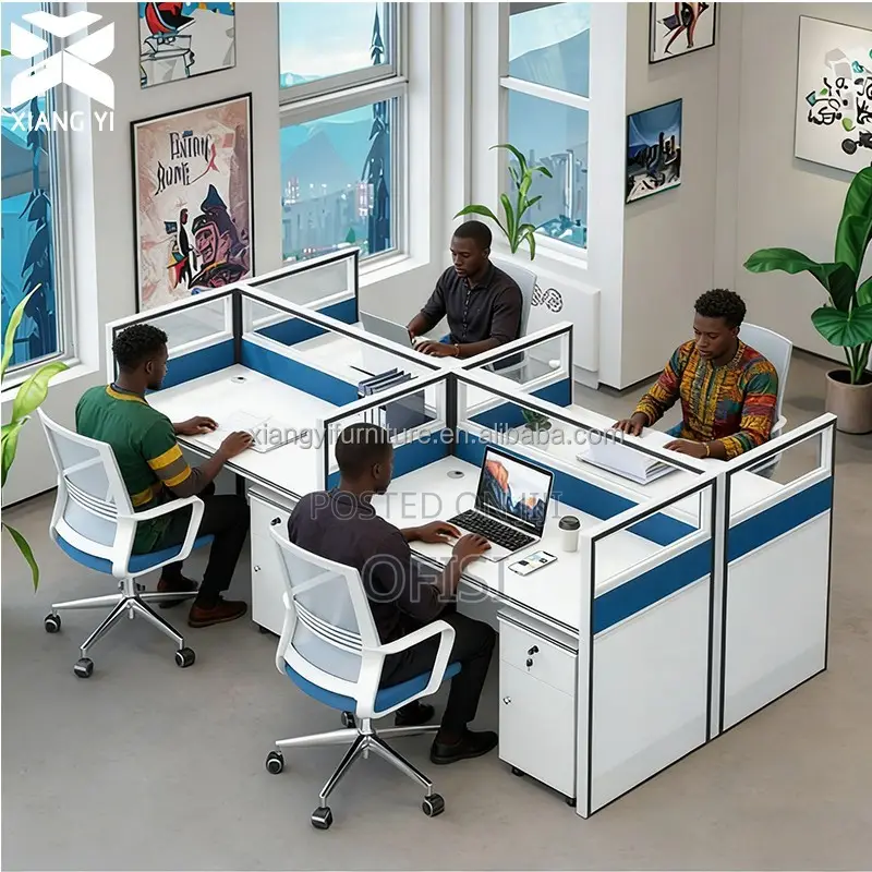 Office Workstation; 4-Way Modern Blue Office Workstation