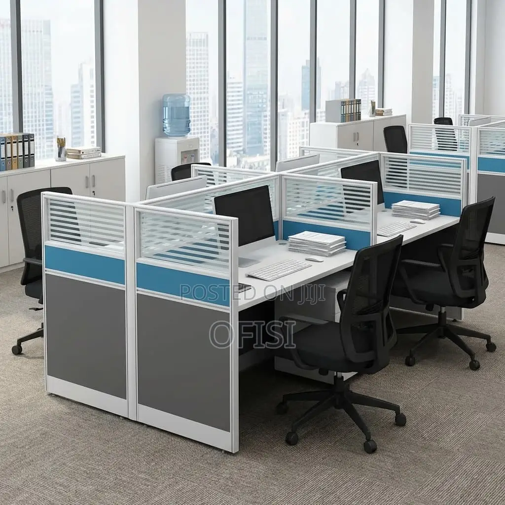 Office Workstation; 4-Way Modern Blue Office Workstation