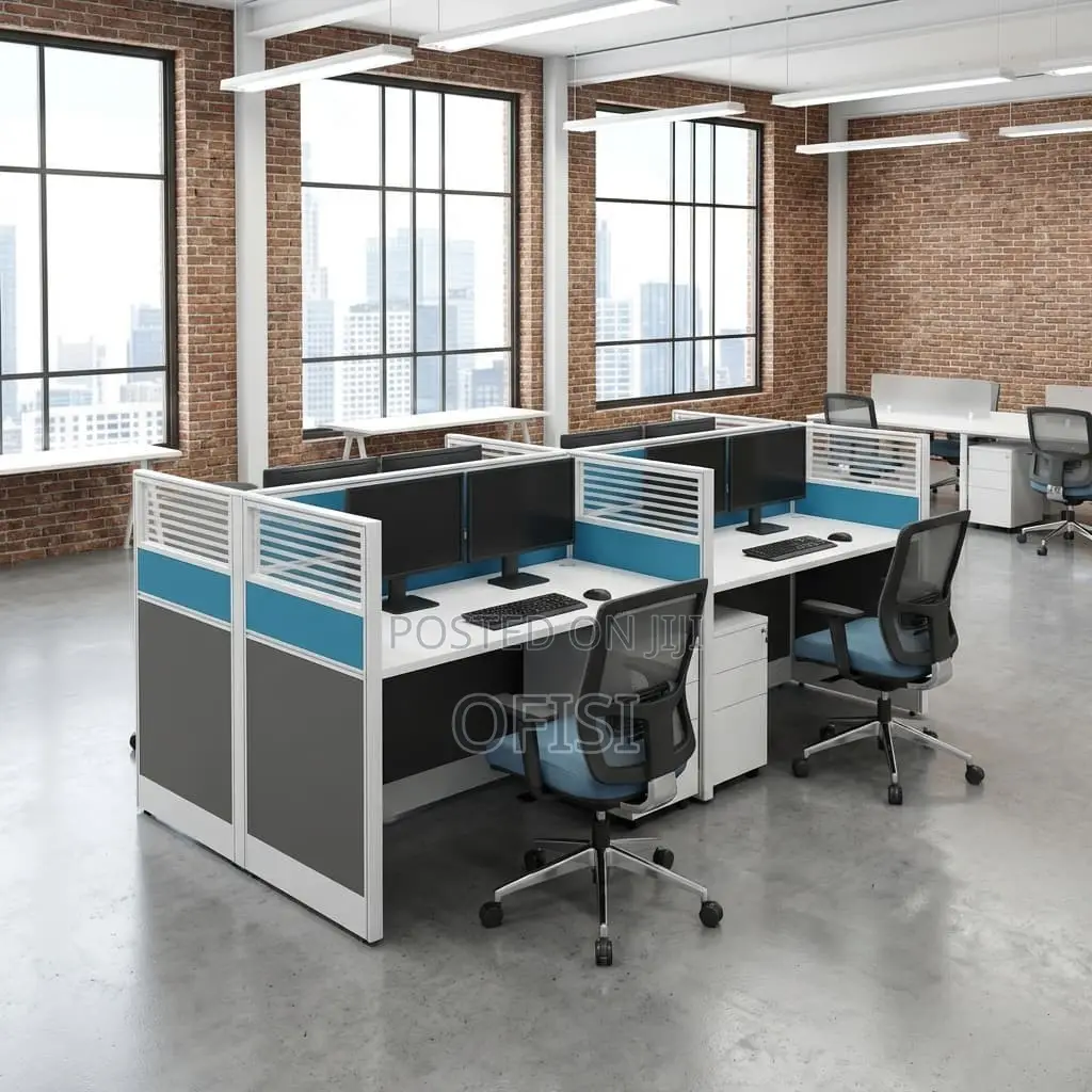 Office Workstation; 4-Way Modern Blue Office Workstation