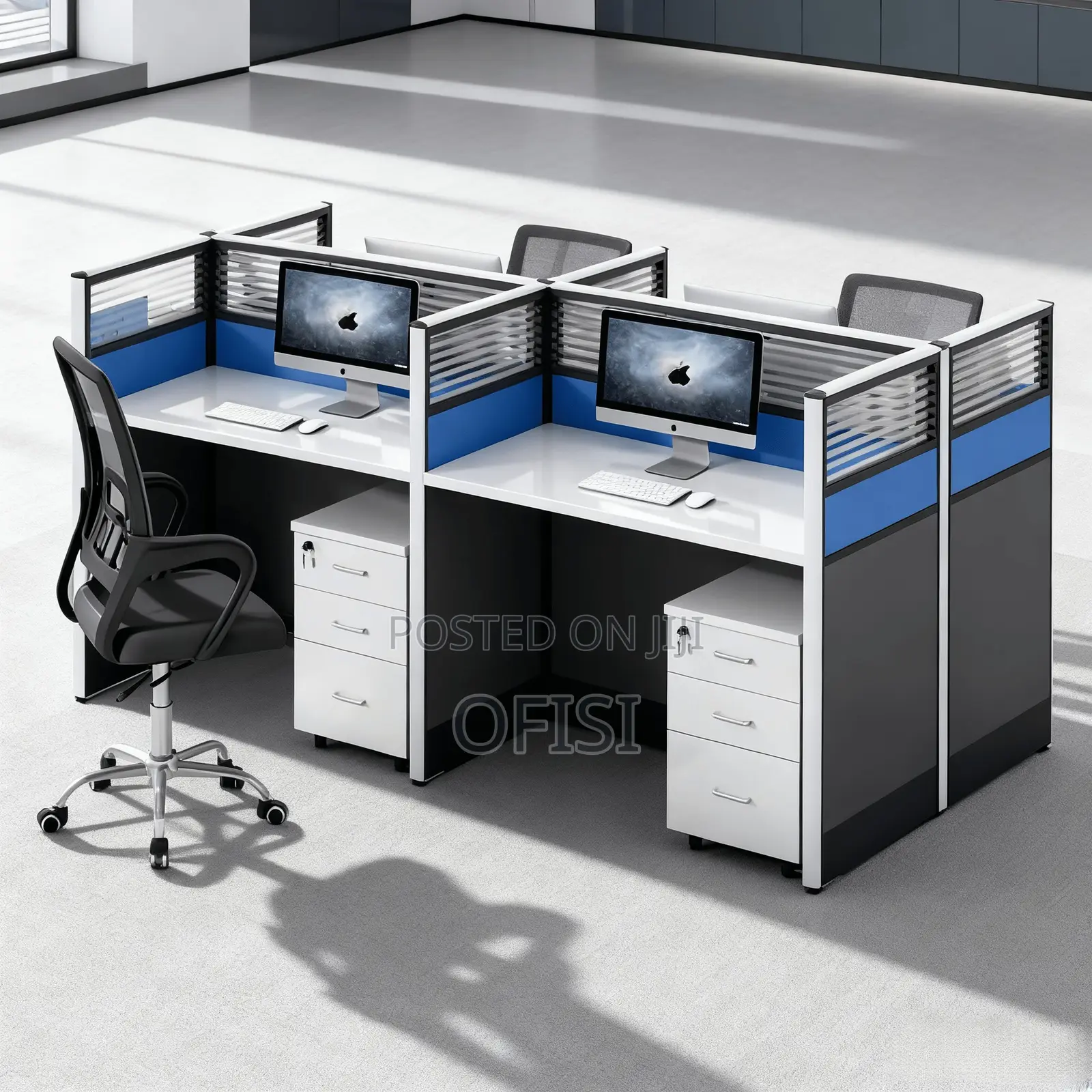 Office Workstation; 4-Way Modern Blue Office Workstation