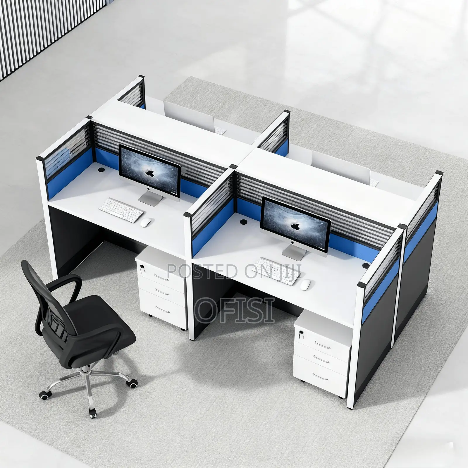 Office Workstation; 4-Way Modern Blue Office Workstation