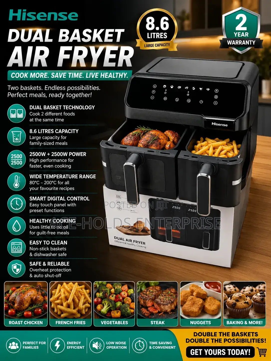 Hisense 8.6 Litres Dual Air Fryer – 2500w*2 | Dual Basket Design