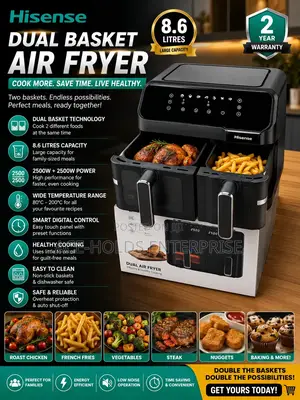 Hisense 8.6 Litres Dual Air Fryer – 2500w*2 | Dual Basket Design