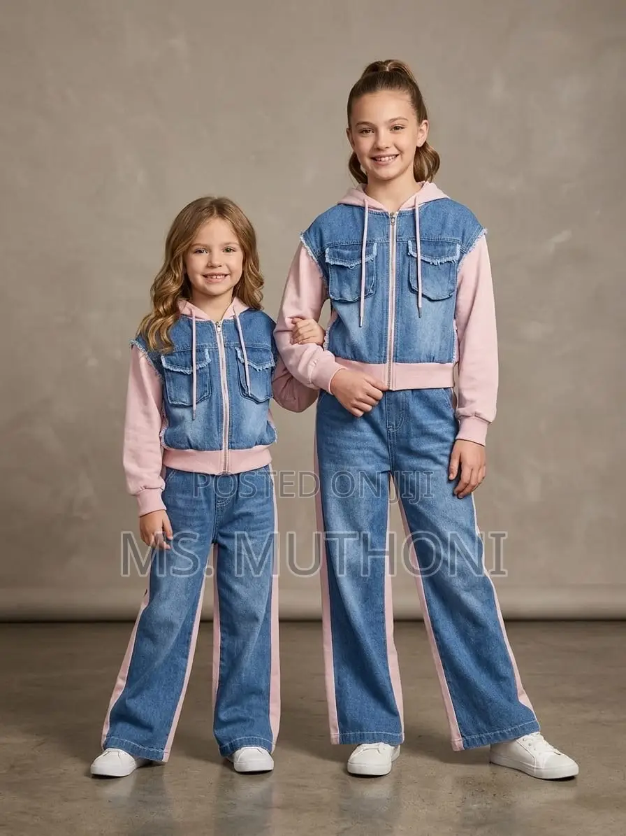 Fancy Denim Detailed Blended Fabric 2pcs Girls Set